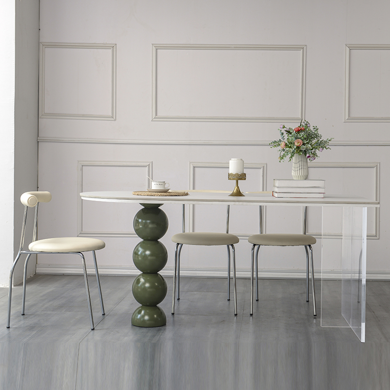 法式岩板餐桌小户k型家用网红奶油风半椭圆靠墙压克力悬浮岛台餐