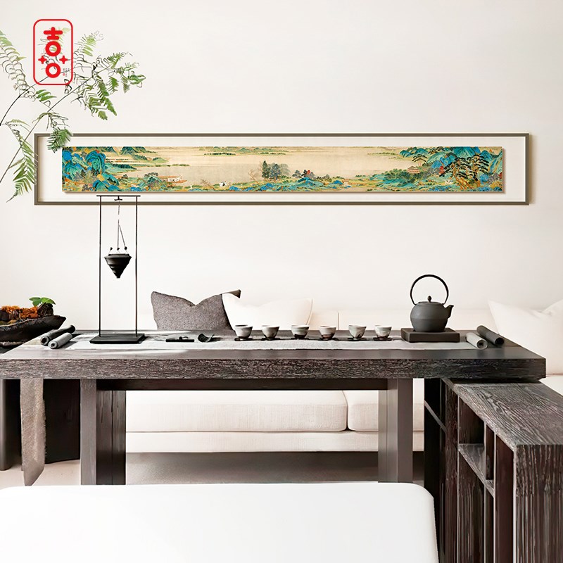 新中式别墅客厅背景墙山水装饰画现代酒店会所高档横幅挂画悬浮画图片