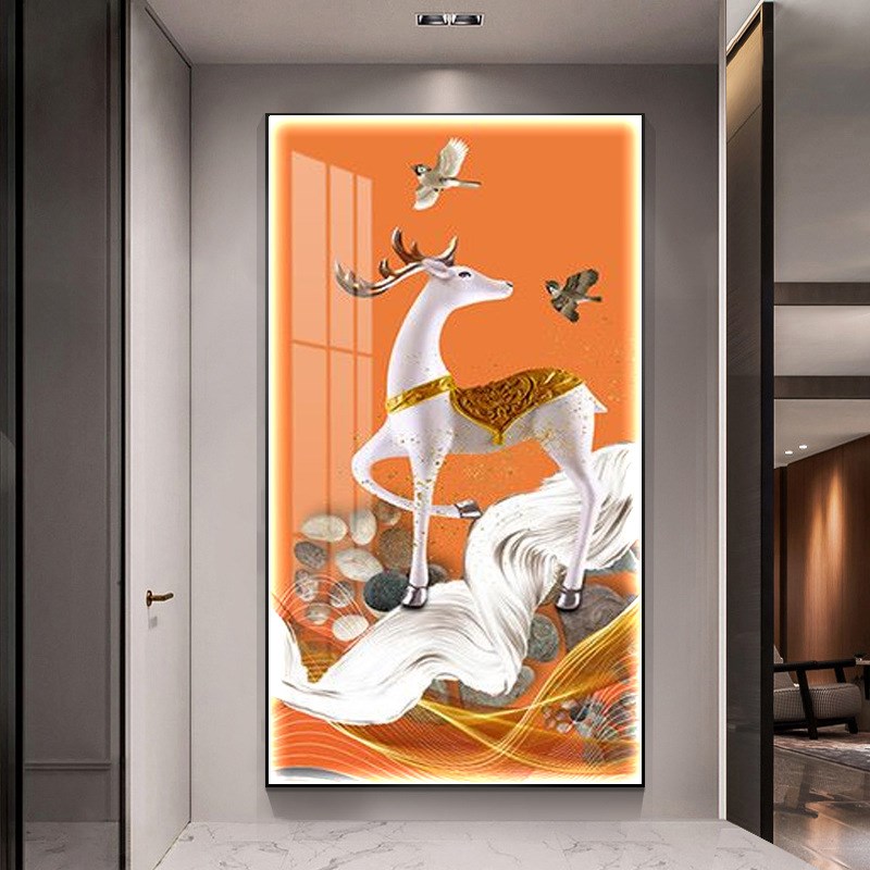 简约现代装饰画led发光灯带挂画玄关走廊过道竖版壁画橙色鹿楼梯图片
