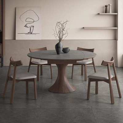 北欧实木餐桌带电磁炉可变圆桌意式折叠胡桃色侘寂风伸缩岩板餐桌