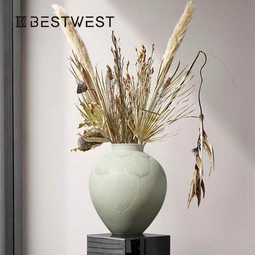 Best west 新中式青色花瓣粗陶复古陶瓷花瓶摆件高档样板间装饰品