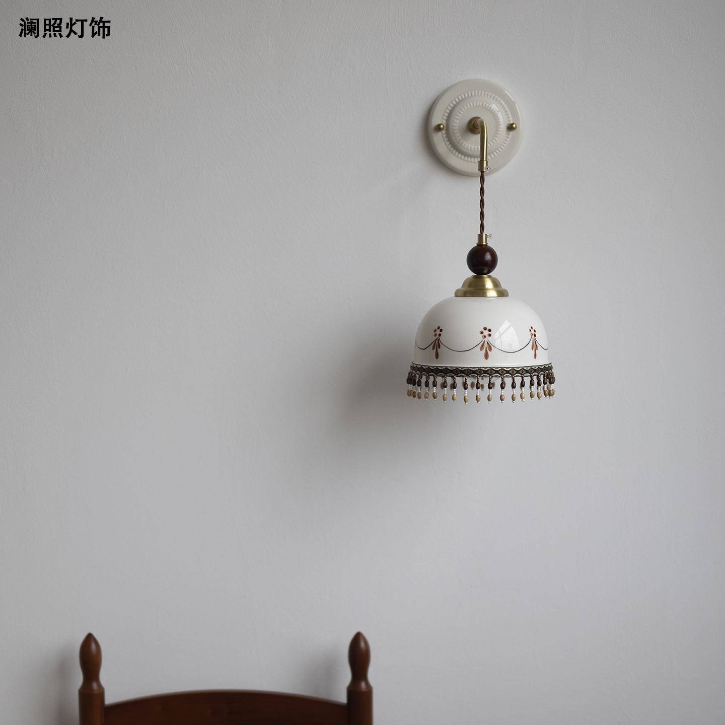 中古风手绘陶瓷床头壁灯法式复古全铜卧室卫生间客厅玄关阳台灯具
