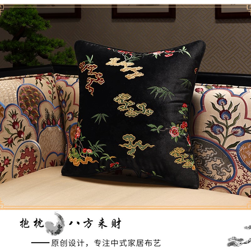 新中式绒布刺绣客厅沙发抱枕中古A风复古靠垫红木椅子床头靠背垫