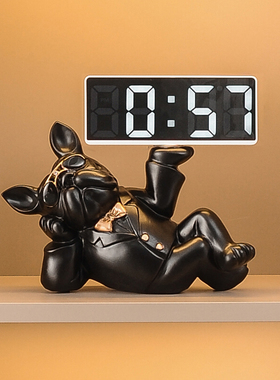 创意斗牛犬酒g柜桌面电子台式钟表小闹钟时钟家用钥匙收纳托盘摆