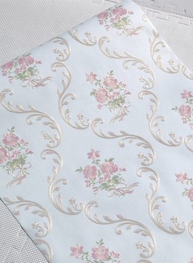 浅蓝色简欧壁纸 3Do立体无纺布欧式田园花墙纸 淡粉浅黄色田园壁