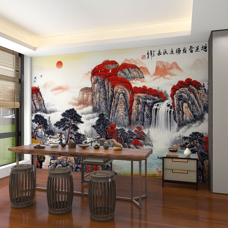 墙纸定制3d立体新中式聚宝盆山水电G视背景墙壁纸客厅壁布装饰壁