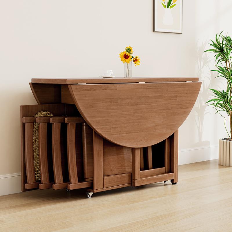 中古风藤编折叠实木餐桌椅家用小户型岩板圆形桌椅组合可移动饭桌