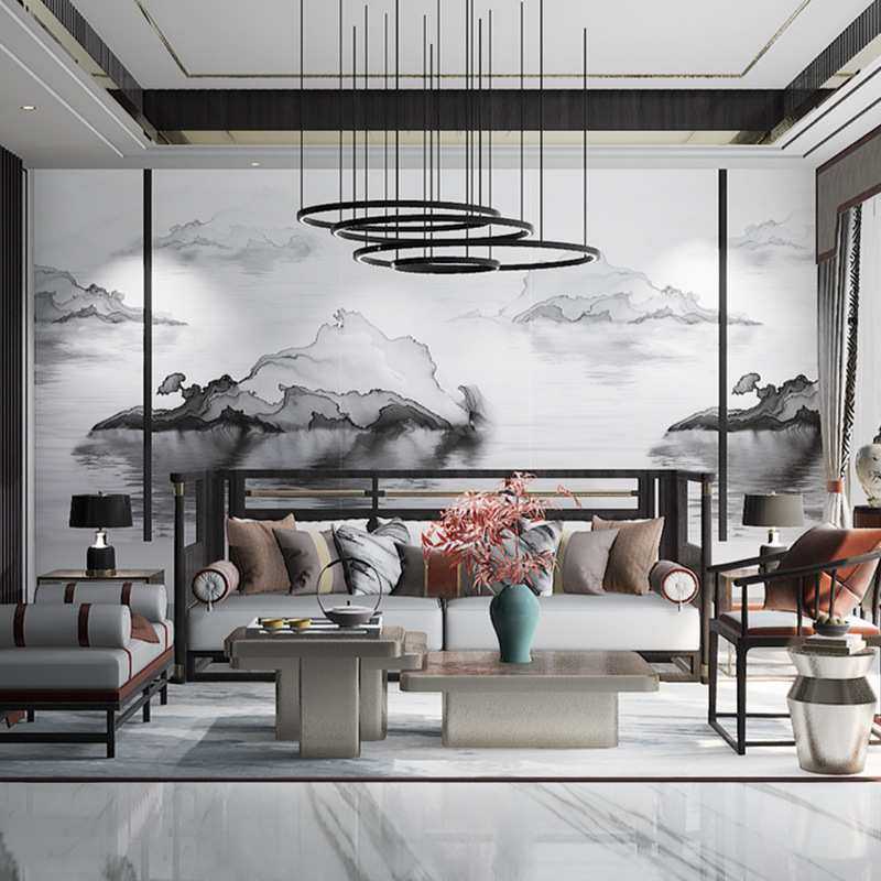 别墅客厅电视背景墙通体大理石瓷砖1200x2400大板岩板雪花白