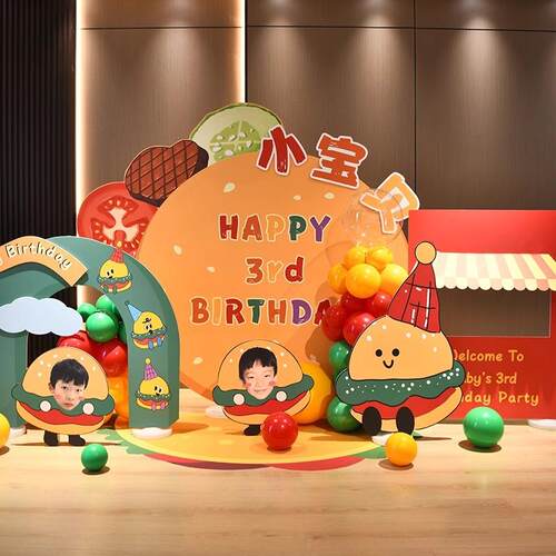 手绘插画大汉堡主题宝宝儿童生日一周岁派对头像KT板定制酒店布置