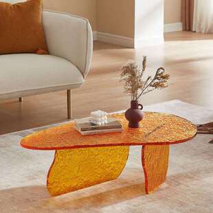 设计感石头纹理茶几客厅现代简约茶台轻奢橙色矮桌别墅样板房桌子