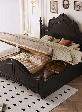 黑色安娜床1米8的床实木箱体储物美式复古床主卧双人床榉木实木床