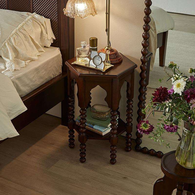 法式复古实木床头柜卧室边几镂空六角台简约客厅置物边几角几