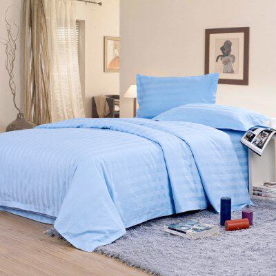 蓝缎 双人 全棉床单天大学生被套蓝色3件套条宿舍条   单人枕套缎