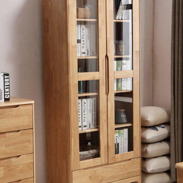 书房置物架带落地靠玻璃门客厅书柜书架全实木卧室学生门墙高柜两