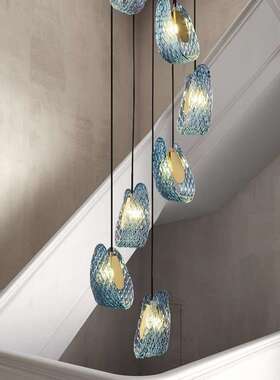 别墅公寓楼道吊灯现代轻奢床头吊灯孔雀蓝色玻璃loft复式楼梯吊灯