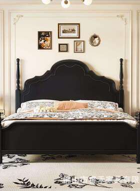 美式复古实木床黑色简约主卧1.5米1.8双人大床法式轻奢婚床中式复