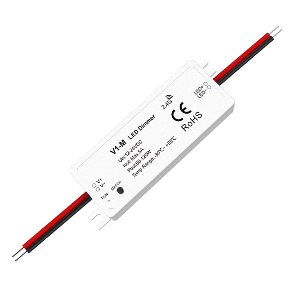 V1-M单⾊LED迷你RF控制器 3秒开关渐变 信号自动中继12-24V5A认证