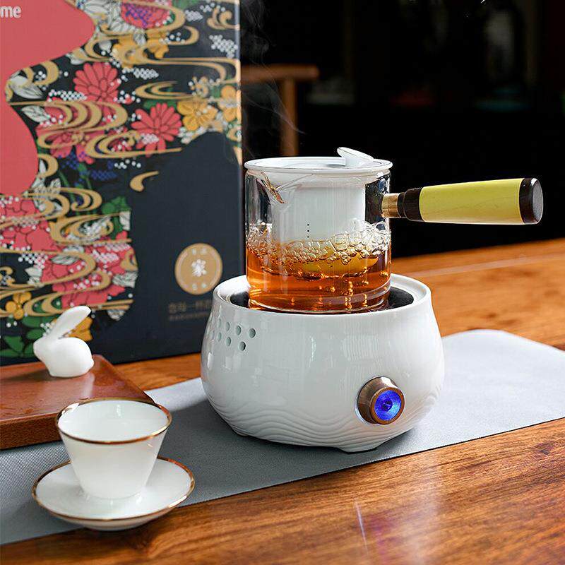 德化白瓷水波纹浮雕电陶炉分离式煮茶器陶瓷茶杯蒸煮两用玻璃壶