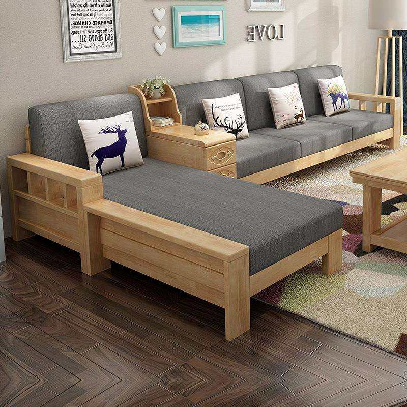 实木沙发组合现代中式带储物原木贵妃布艺沙发小户型客厅家具套装