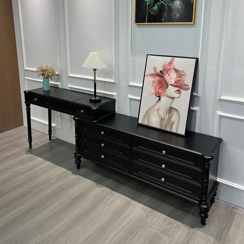 美式复古风黑色全实木化妆桌收纳柜美式斗柜梳妆台一体