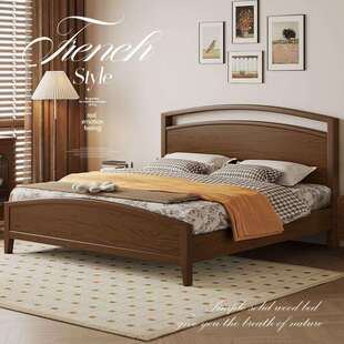 复古双人床带储物胡桃木色床1米8双人床带床垫高端主卧大床实木床