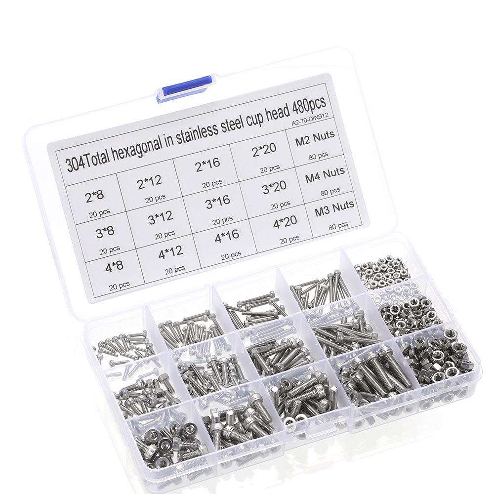 480pcs M2/M3/M4 DIN912 304不锈钢圆柱头内六角螺丝配螺母套件