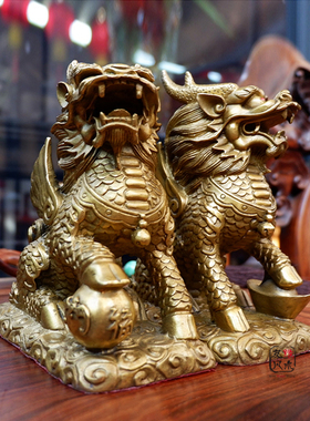 纯铜大号麒麟摆件一对 招财鎮宅旺财 H家居店铺客厅玄关工艺品摆