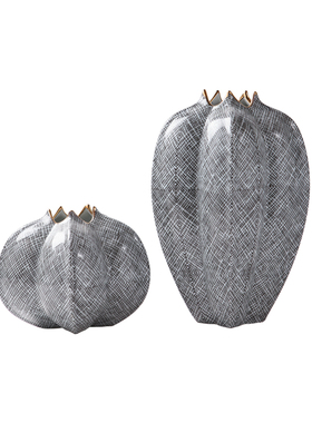 灰色网格杨桃陶瓷花瓶摆件t创意插花艺客厅酒店样板间摆设软装饰