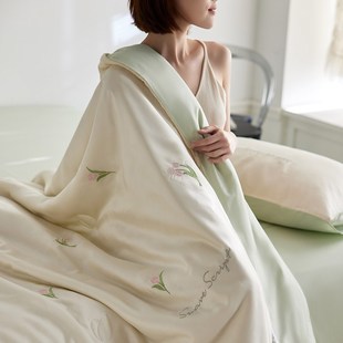 夏季 凉感天丝棉夏凉被四件套小清新郁金香刺绣可水洗裸Z睡空调薄