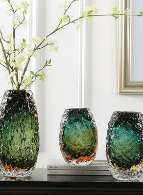 现代轻奢绿色琉璃花o瓶摆件玄关客厅水培插花高级感艺术花器装饰