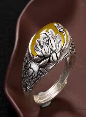 s9哑光雕刻25玉戒银髓古风开口食指做旧复古古装莲花黄指环戒指女