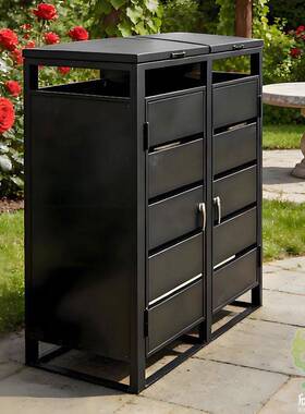 户外庭院花园黑色喷粉镀锌板分类垃圾桶罩子铁皮双连体金属果皮箱