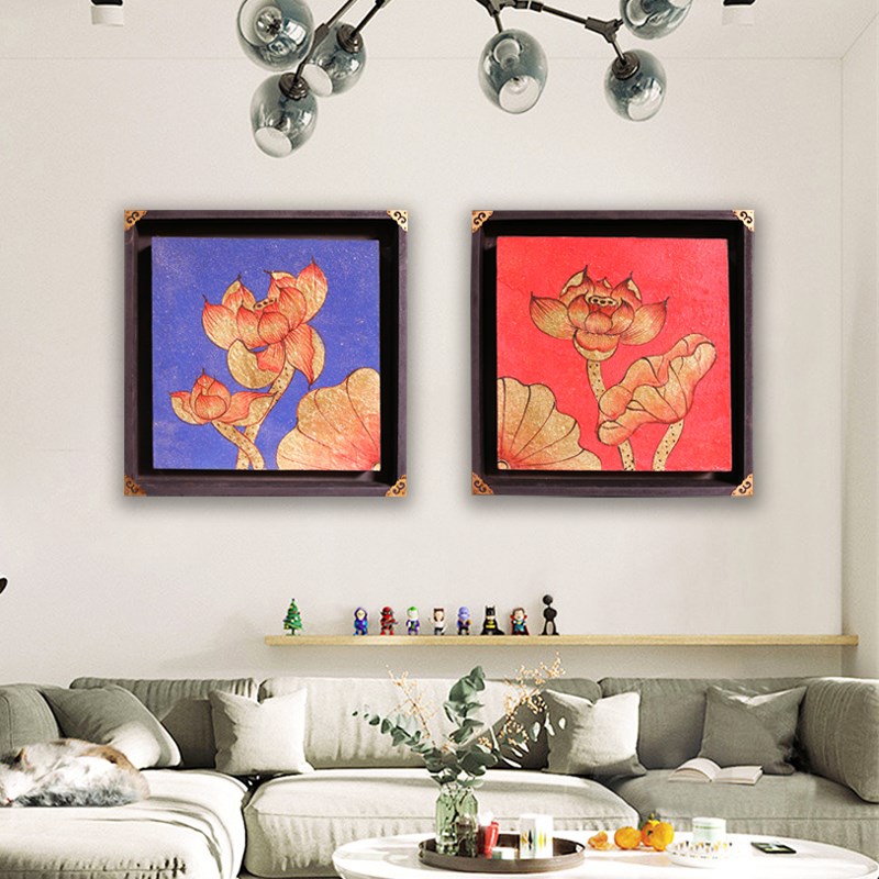 东南亚手绘荷花金箔挂画泰式风格中式会所背景墙装饰画餐厅装饰品图片