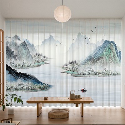 新中式窗帘阳台茶室客厅中国风古山水墨画风景透光不透人隔断纱帘