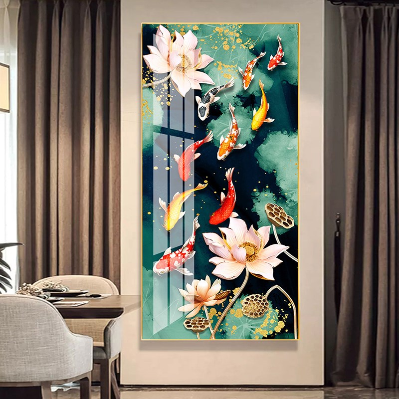 玄关装饰画九鱼图竖版过道走廊墙面壁画现代简约客厅入户晶瓷挂画图片