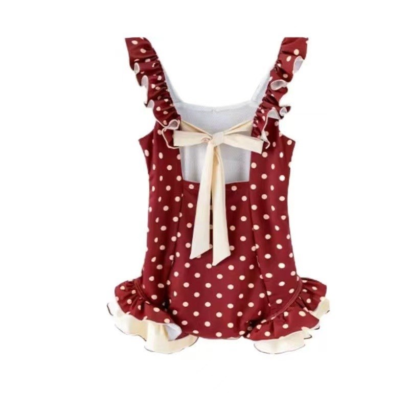 2025新款夏季红色波点荷叶边泳衣大童女生连衣裙海边复古连体泳衣