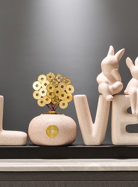 HOME字母发财树摆件进门玄关客厅电视柜招财装饰乔迁新婚礼物轻奢