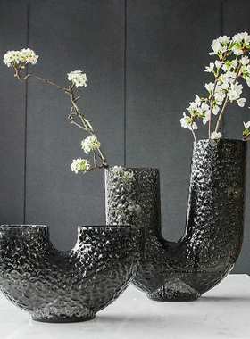 视远AYT+M北欧式灰色U形花瓶玻璃插花高级感创意摆件装饰品
