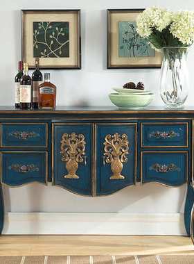浮雕瓶安美式餐边柜地中海蓝色装饰柜复古法式实木彩绘储物玄关柜