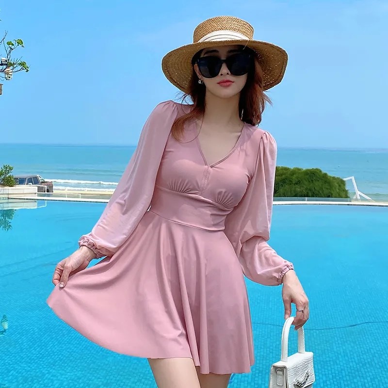 泳衣女裙式连体保守大码胖MM长袖防晒遮肉显瘦韩版ins超仙游泳装