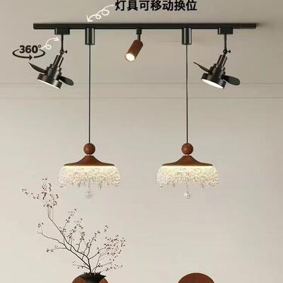 中古风可升降餐厅风扇吊灯滑轨水滴复古胡桃木色法式餐桌吧台吊灯