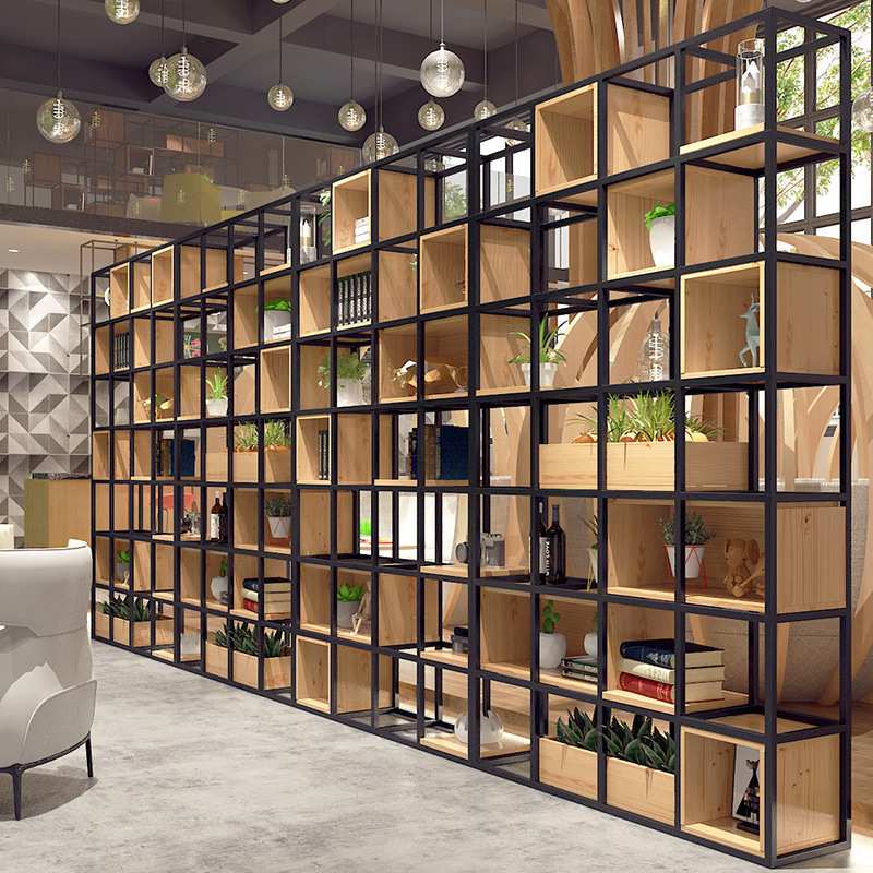 现代简约铁艺隔板置物架 落地式收纳架展示架 办公室书房实木书架