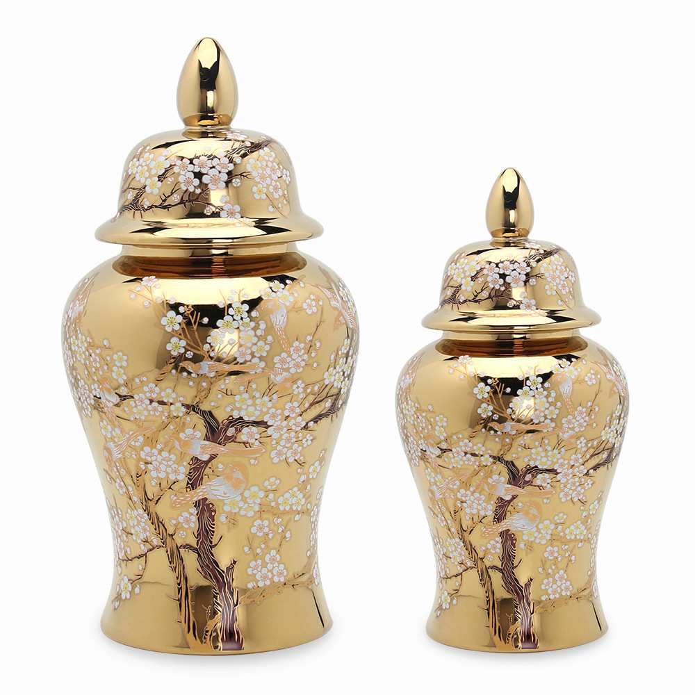 爆款白胚定制镀金陶瓷将军罐家居装饰插花花瓶鸟工艺品摆件