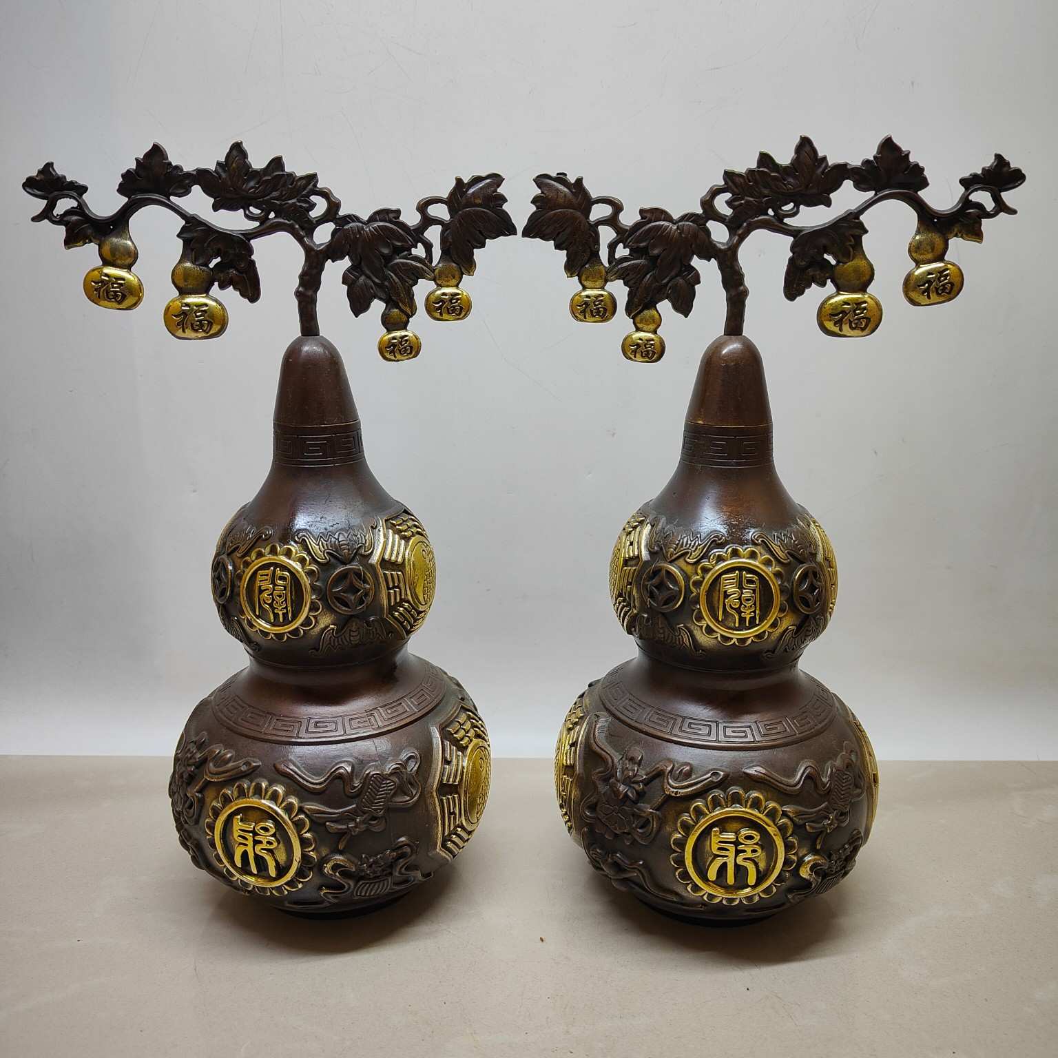 仿古鎏金铜葫芦一对 家居办公装饰摆件 古玩收藏礼品 工艺品