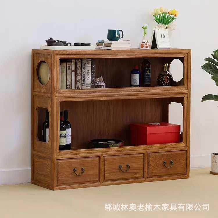 新中式老榆木书柜家用靠墙储物柜禅意置物柜双层茶叶柜收纳整理柜