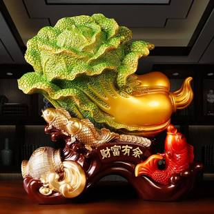 玉白菜百财有鱼摆件聚宝盆家居玄关装 饰客厅电视柜开业乔迁礼品