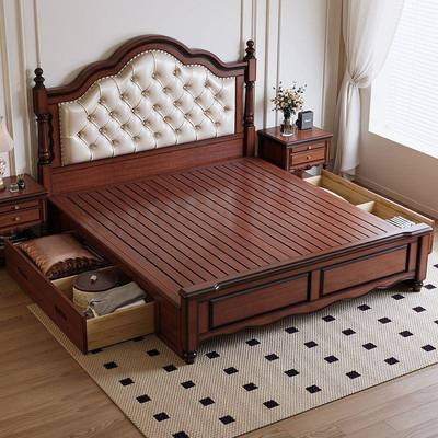 复古简约欧式婚床美式全实木主卧箱体储物软包真皮原木家具
