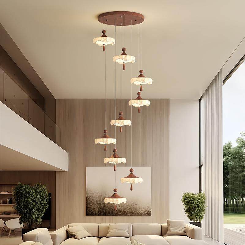 中古风客厅吊灯客厅复古胡桃木色新中式别墅大厅复式住宅楼梯吊灯