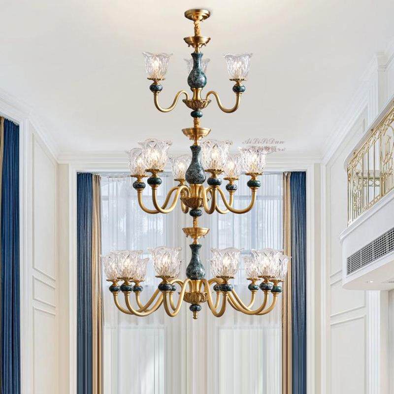 美式别墅吊灯复式楼客厅灯全铜三层中空复式公寓LOFT简欧式楼梯灯