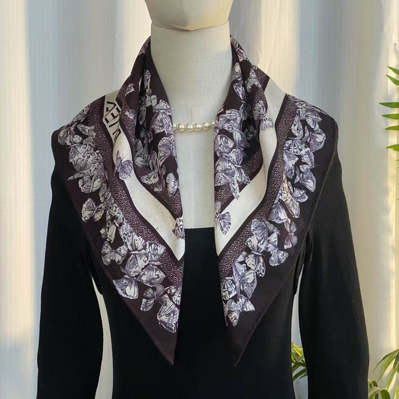 桑蚕丝羊毛【D家蝴蝶】60丝毛方巾双面百搭女士气质丝巾K318